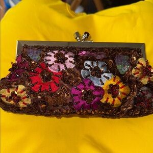 New Floral Embroidered Clutch and sequins with glitz closure and chain 8 x 4